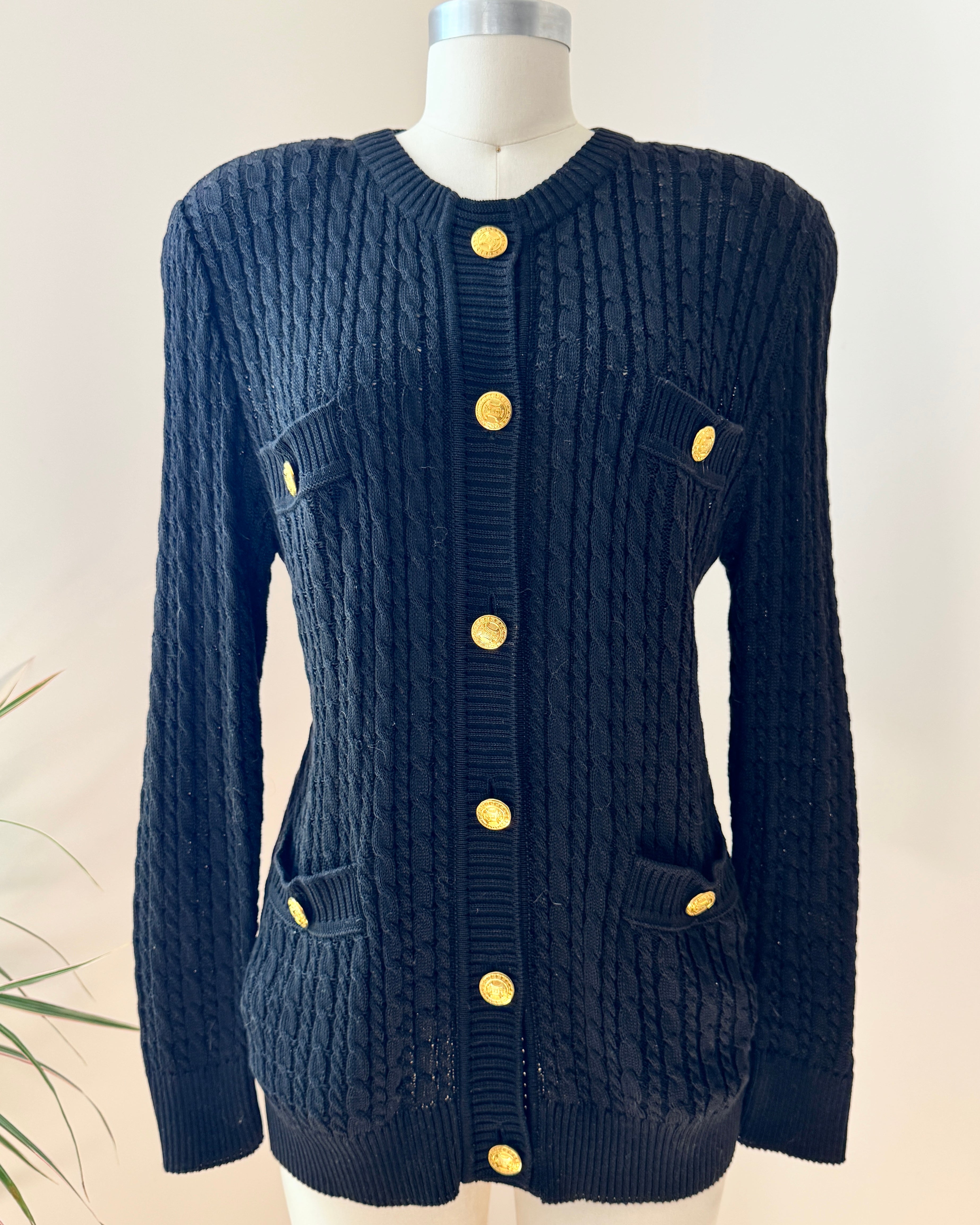 Vintage 1990s CELINE Black Baby Cable Cotton Cardigan with Gold Tone Logo Buttons and Pockets Size 42