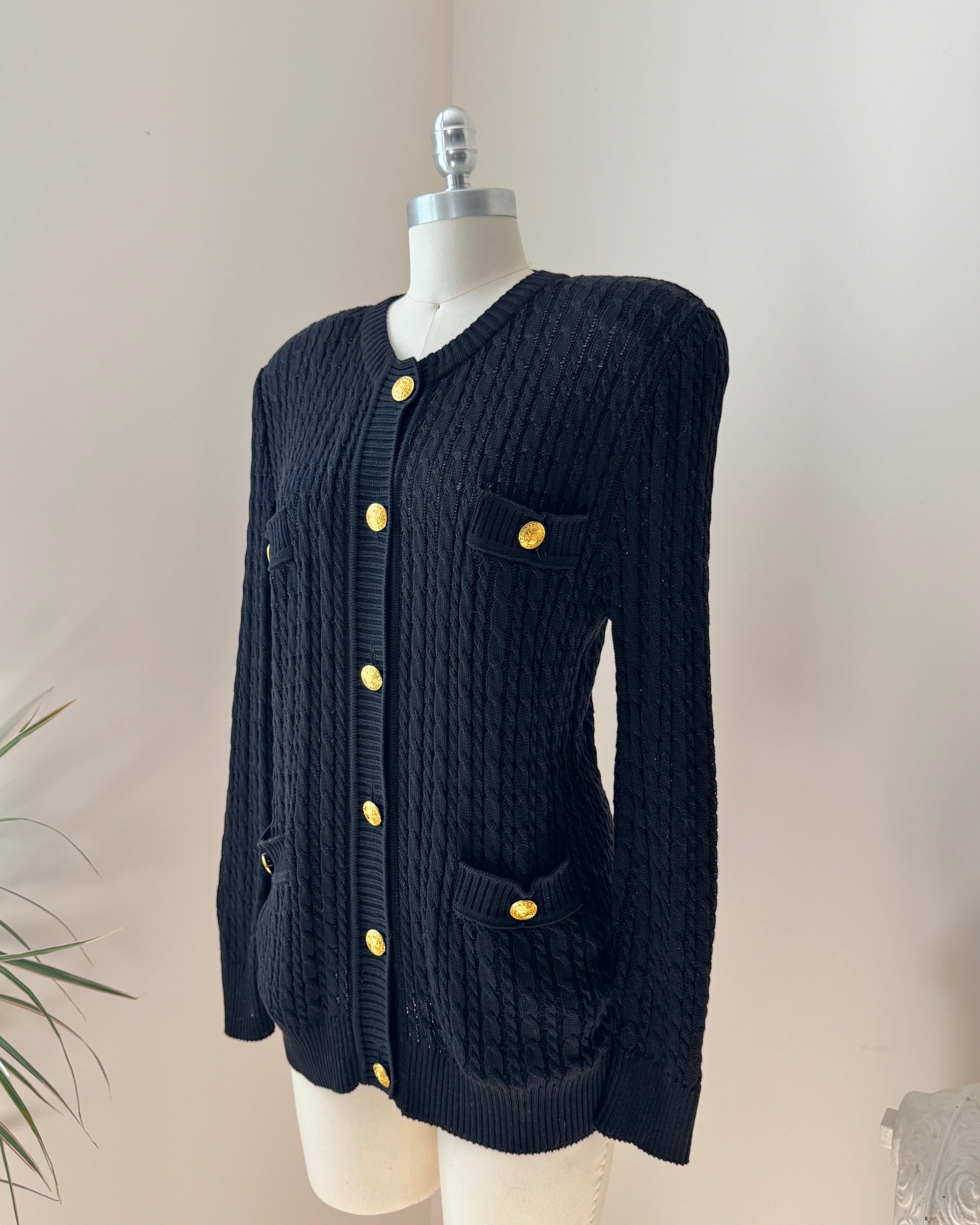 Vintage 1990s CELINE Black Baby Cable Cotton Cardigan with Gold Tone Logo Buttons and Pockets Size 42