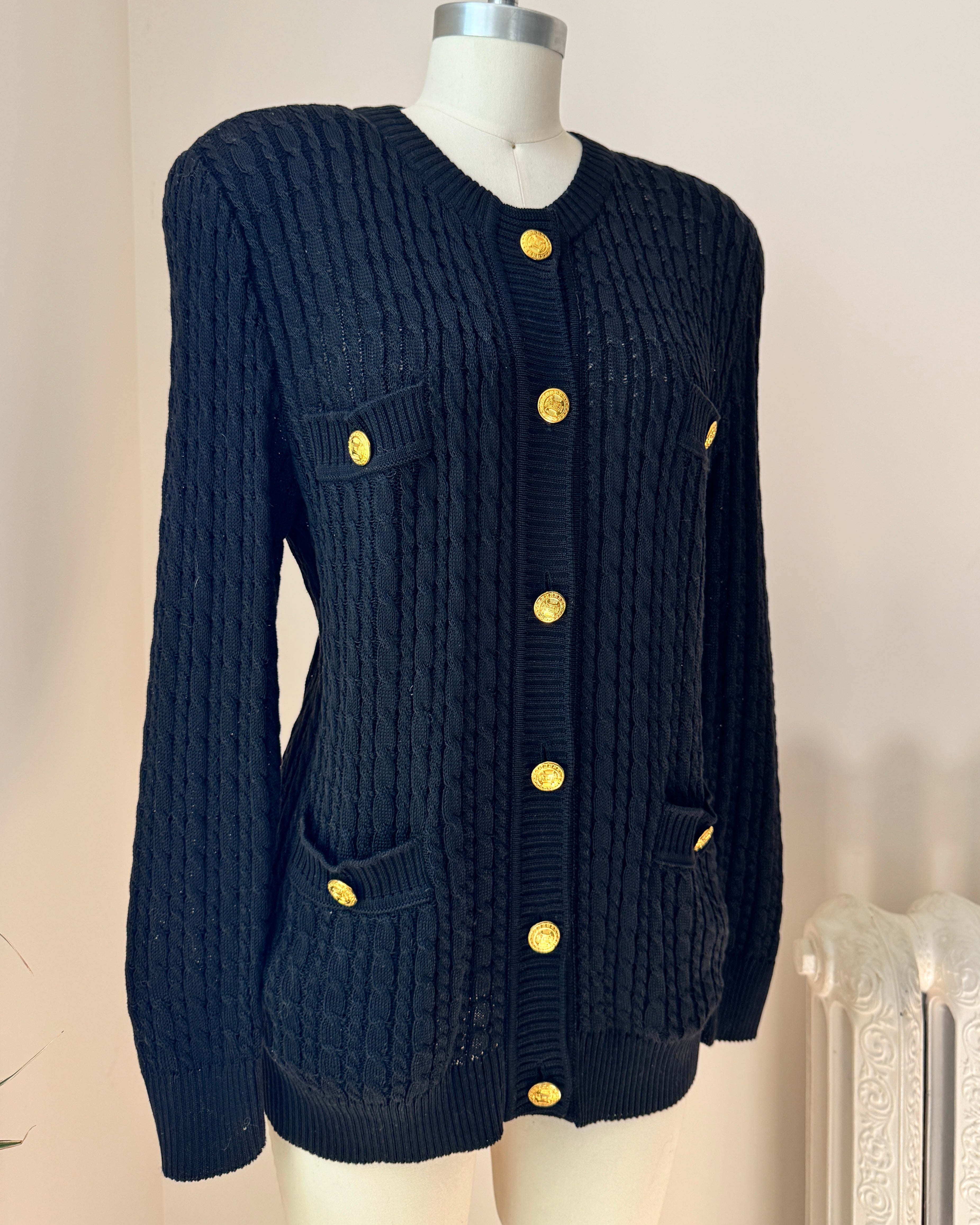 Vintage 1990s CELINE Black Baby Cable Cotton Cardigan with Gold Tone Logo Buttons and Pockets Size 42