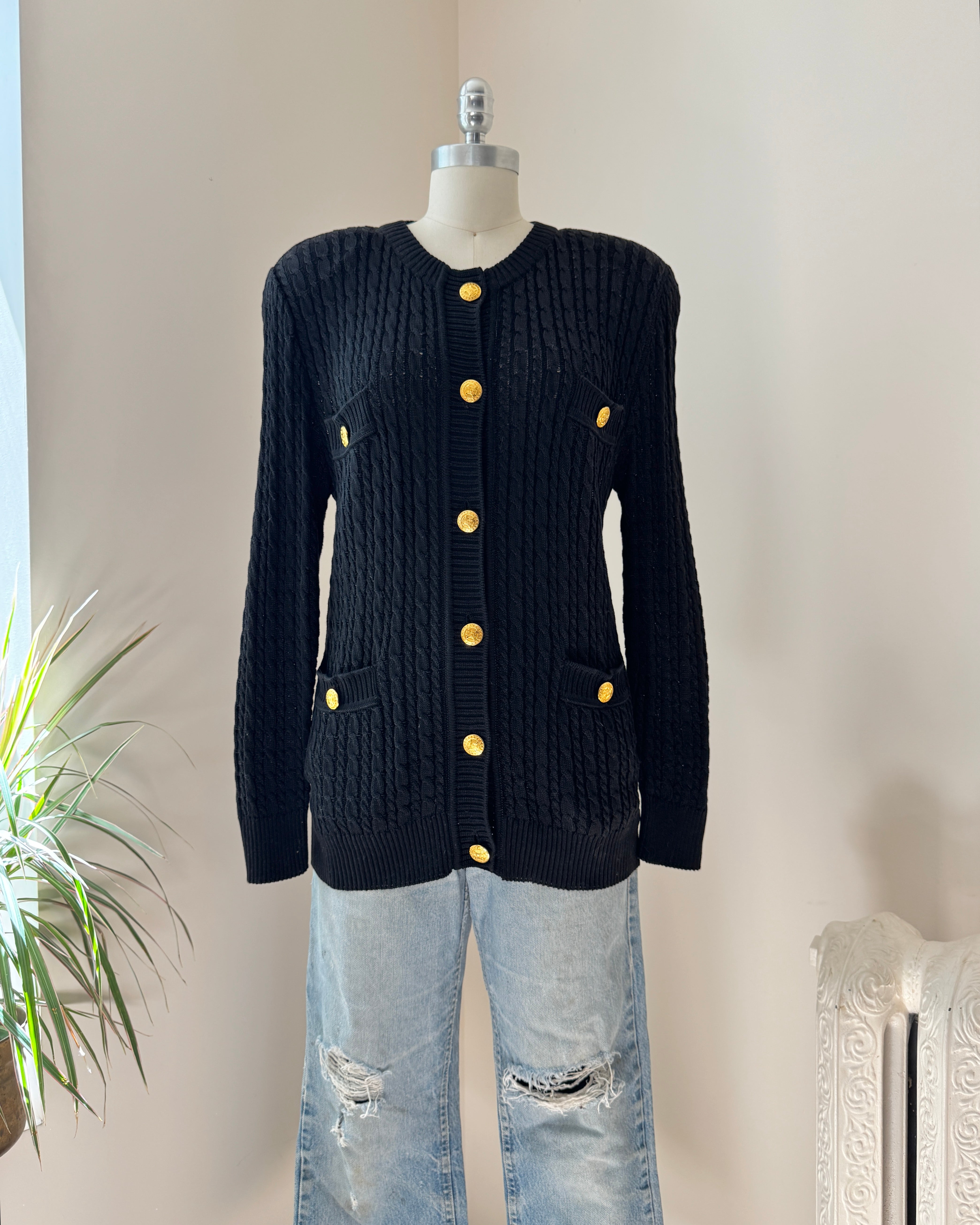 Vintage 1990s CELINE Black Baby Cable Cotton Cardigan with Gold Tone Logo Buttons and Pockets Size 42