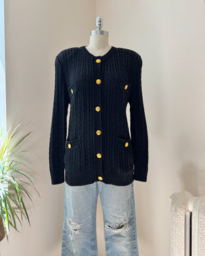 Vintage 1990s CELINE Black Baby Cable Cotton Cardigan with Gold Tone Logo Buttons and Pockets Size 42