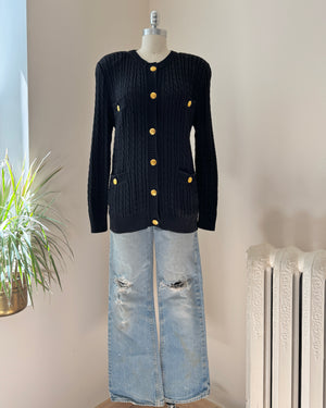 Vintage 1990s CELINE Black Baby Cable Cotton Cardigan with Gold Tone Logo Buttons and Pockets Size 42