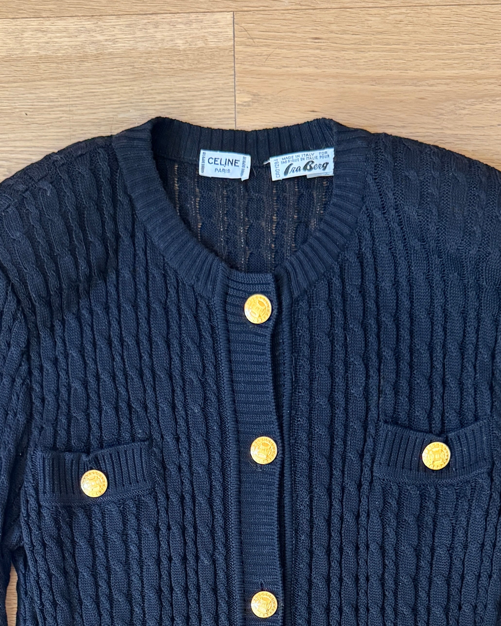 Vintage 1990s CELINE Black Baby Cable Cotton Cardigan with Gold Tone Logo Buttons and Pockets Size 42