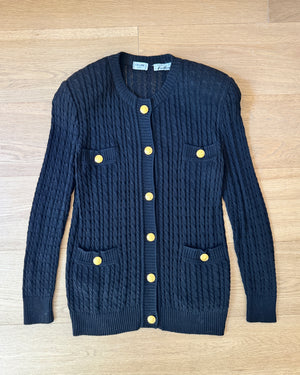 Vintage 1990s CELINE Black Baby Cable Cotton Cardigan with Gold Tone Logo Buttons and Pockets Size 42