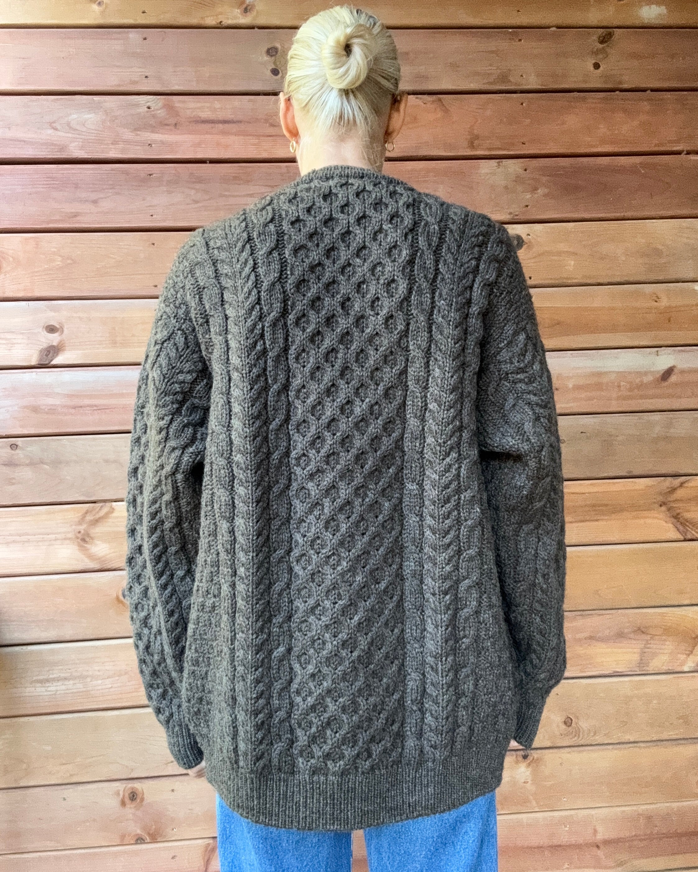 Vintage John Molloy Fisherman Cable Brown Sweater Cardigan Hand Knit in Ireland Pure New Wool L XL