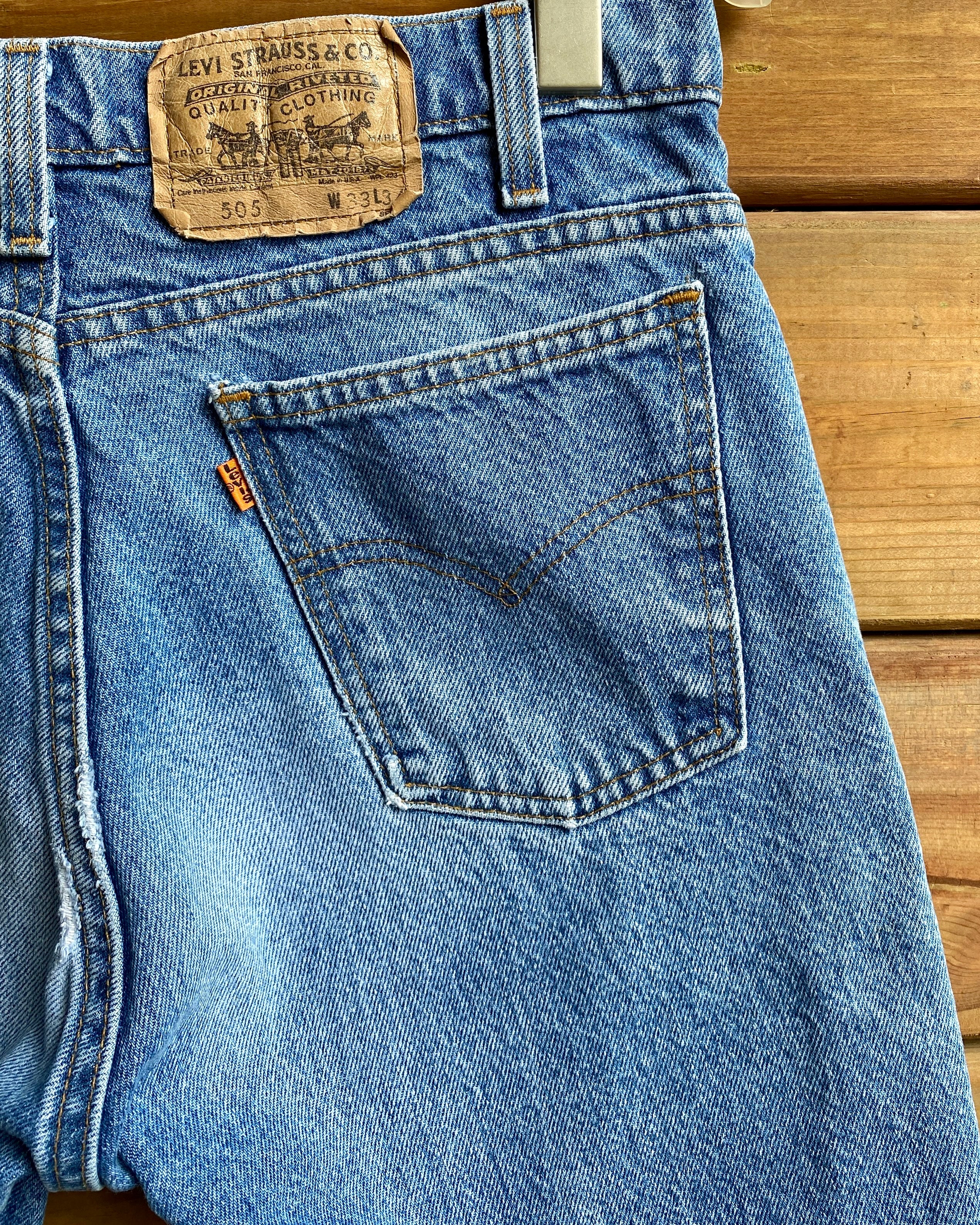 Vintage 1980s Orange Tab Levis 505 light Wash Bermuda Denim Cutoff Jean Shorts 30 Made in USA