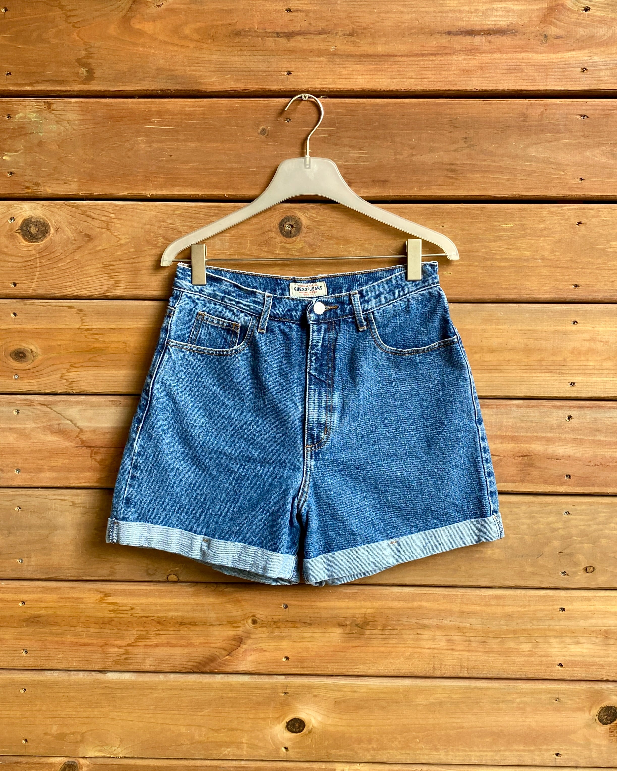 Vintage 1990s GUESS JEANS Cuffed Jean Shorts Dark Wash size 30 Made in USA
