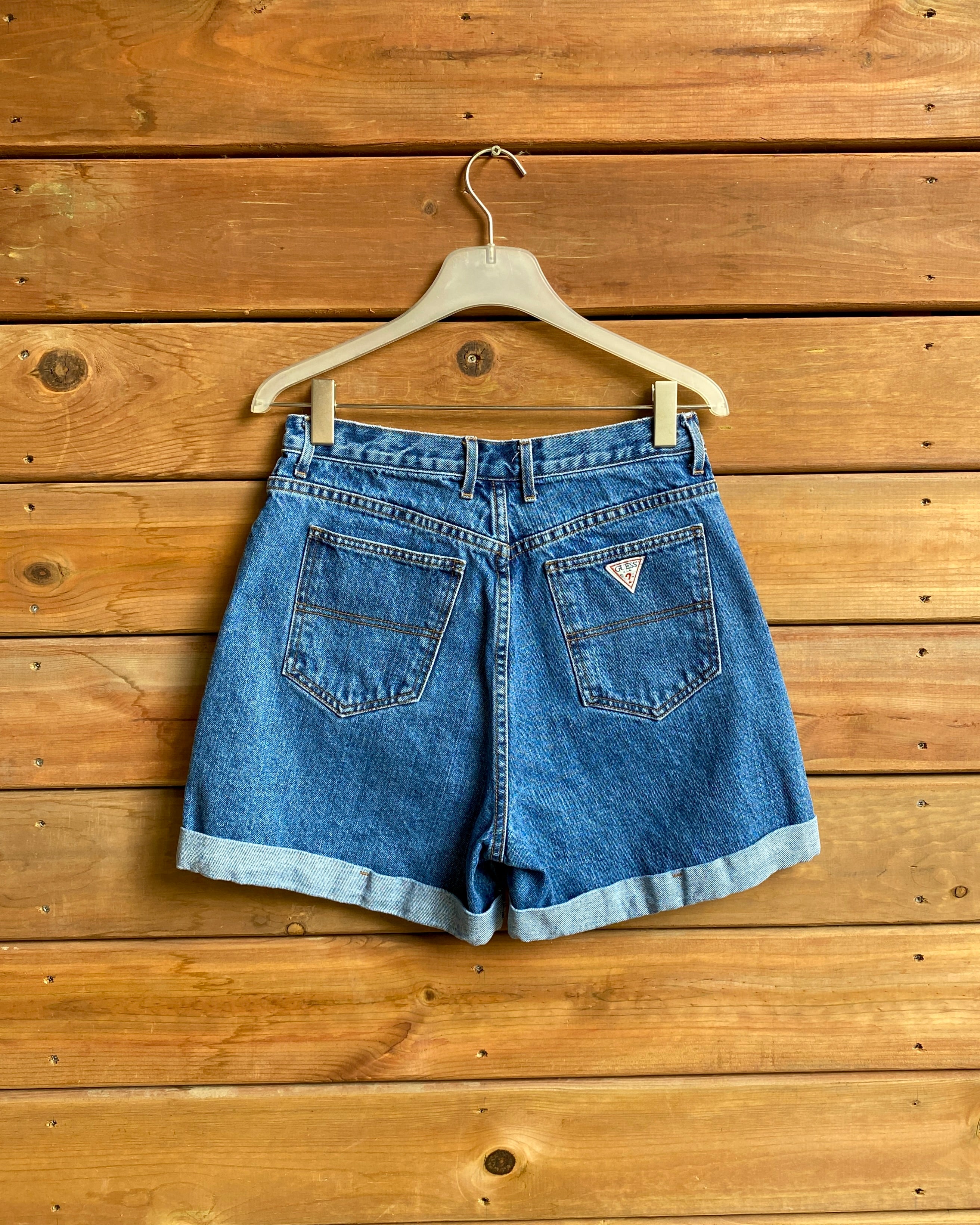 Vintage 1990s GUESS JEANS Cuffed Jean Shorts Dark Wash size 30 Made in USA