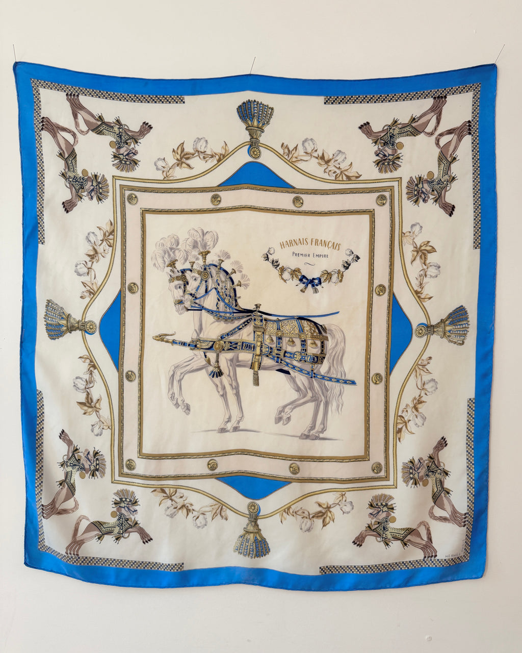 Vintage HERMES Foulard Harnais Francais Premier Empire Blue Silk Twill Scarf Carre 1990s Reissue of one Designed by Hugo Grygkar