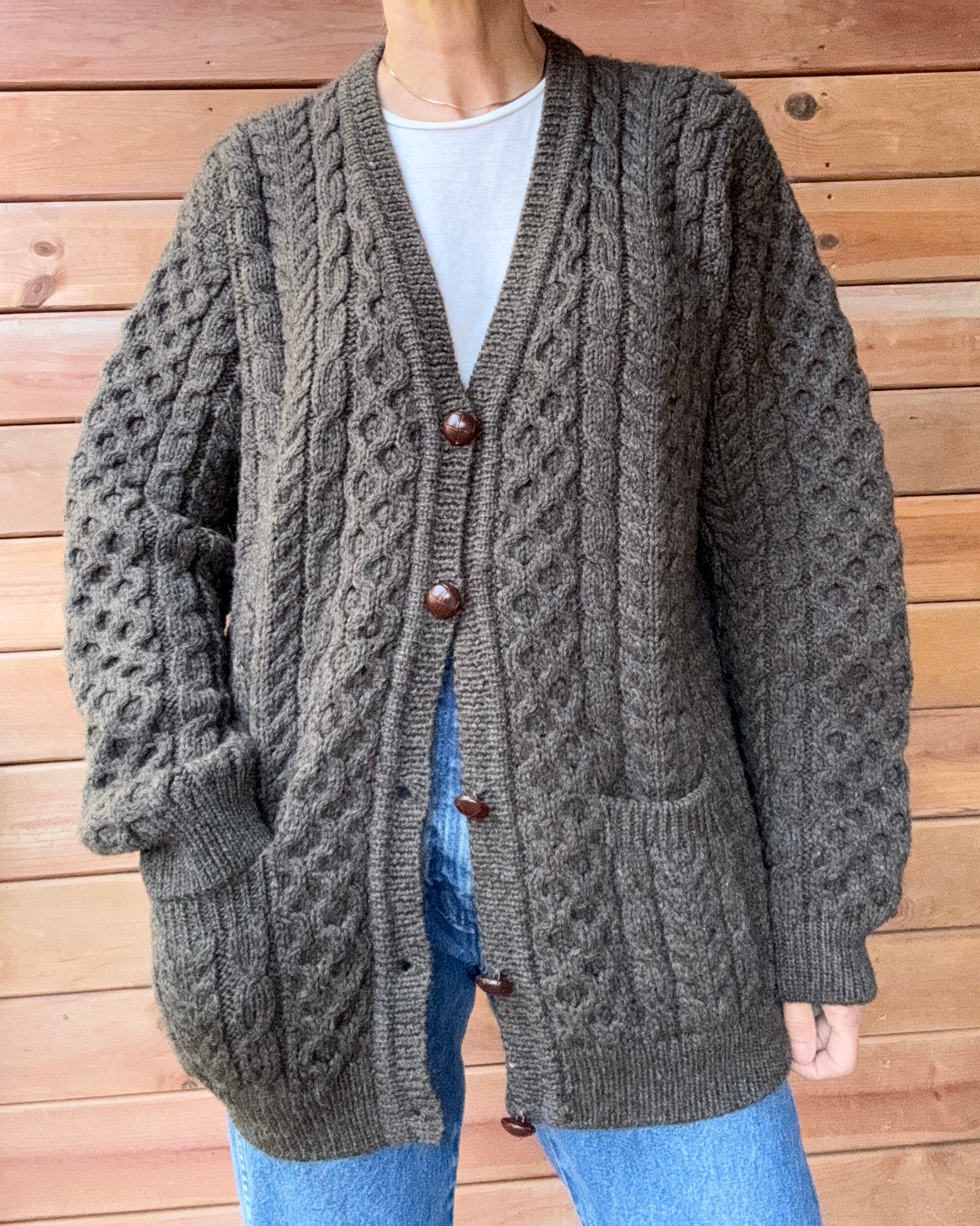 Vintage John Molloy Fisherman Cable Brown Sweater Cardigan Hand Knit in Ireland Pure New Wool L XL
