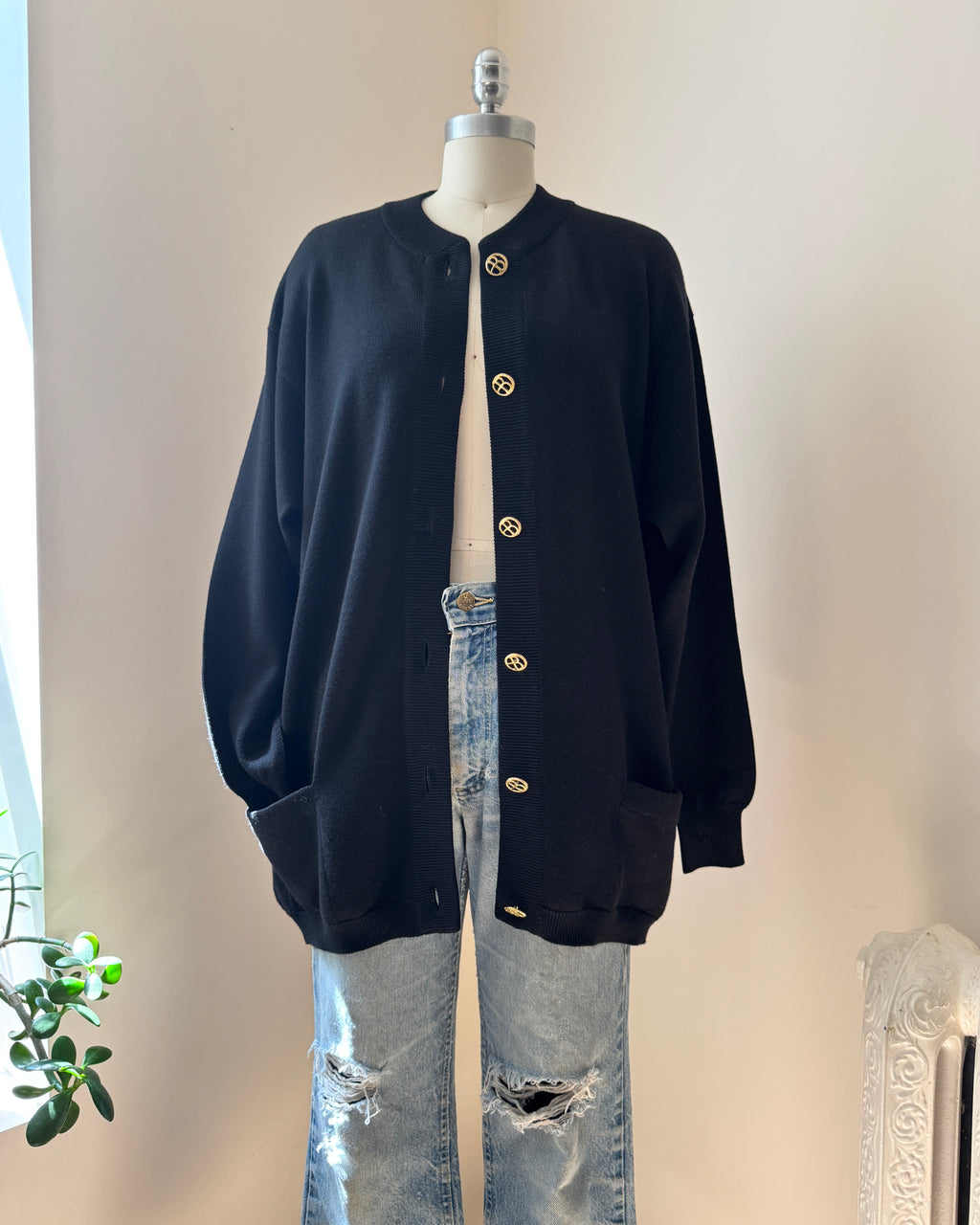 Vintage Ballantyne Black Merino Wool Cardigan with Bell sleeves and Gold Tone Logo Buttons Made in Scotland Size 4 6 8