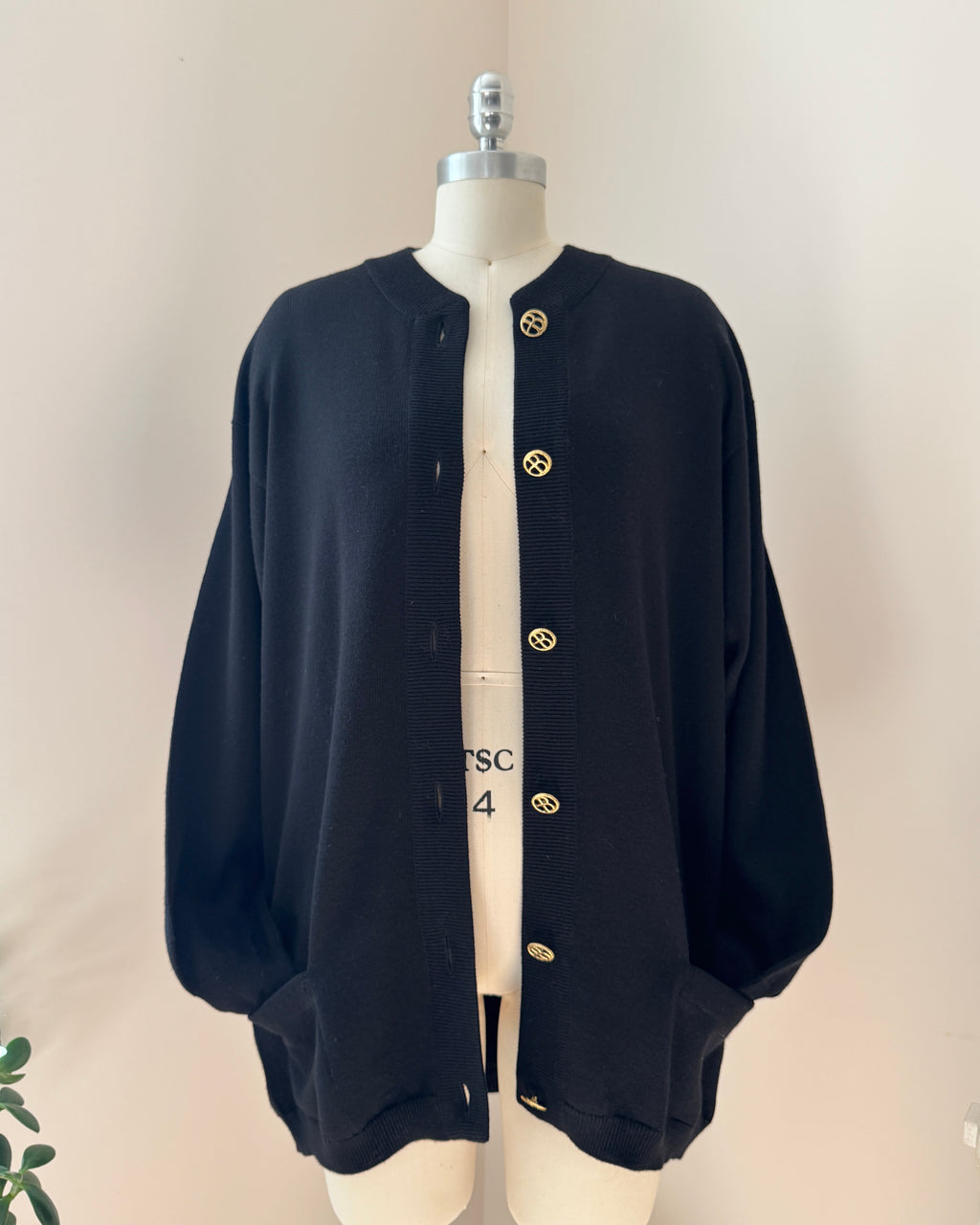 Vintage Ballantyne Black Merino Wool Cardigan with Bell sleeves and Gold Tone Logo Buttons Made in Scotland Size 4 6 8