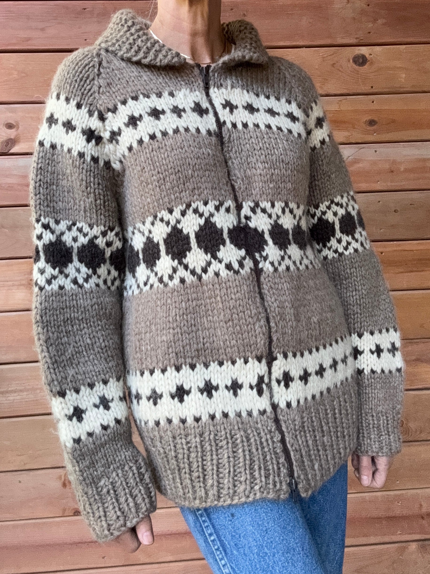 Vintage Hand Knit Cowichan Fair Isle Pattern in Oatmeal Brown and Cream Cardigan Jacket M L Made in Cowichan BC Canada