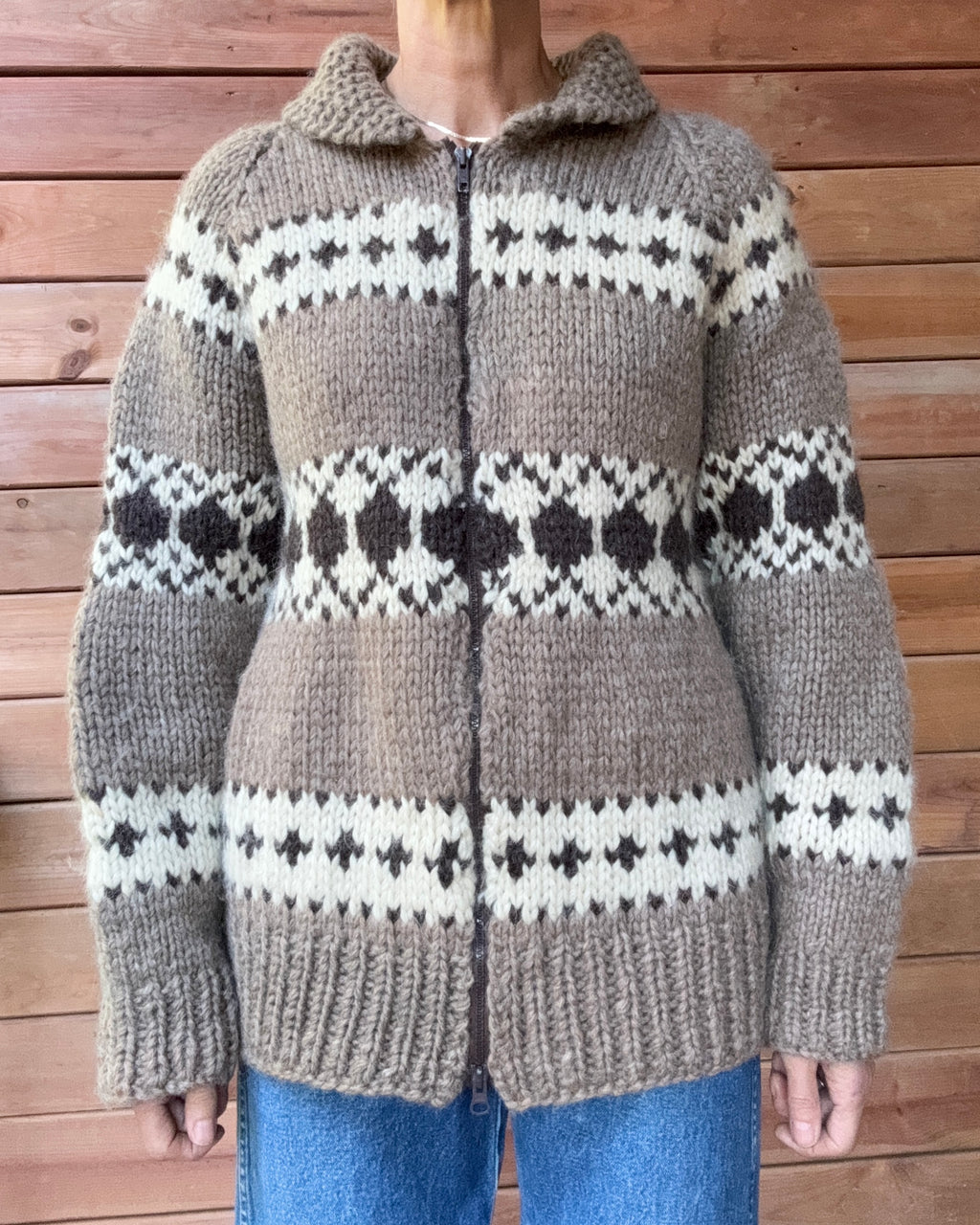 Vintage Hand Knit Cowichan Fair Isle Pattern in Oatmeal Brown and Cream Cardigan Jacket M L Made in Cowichan BC Canada