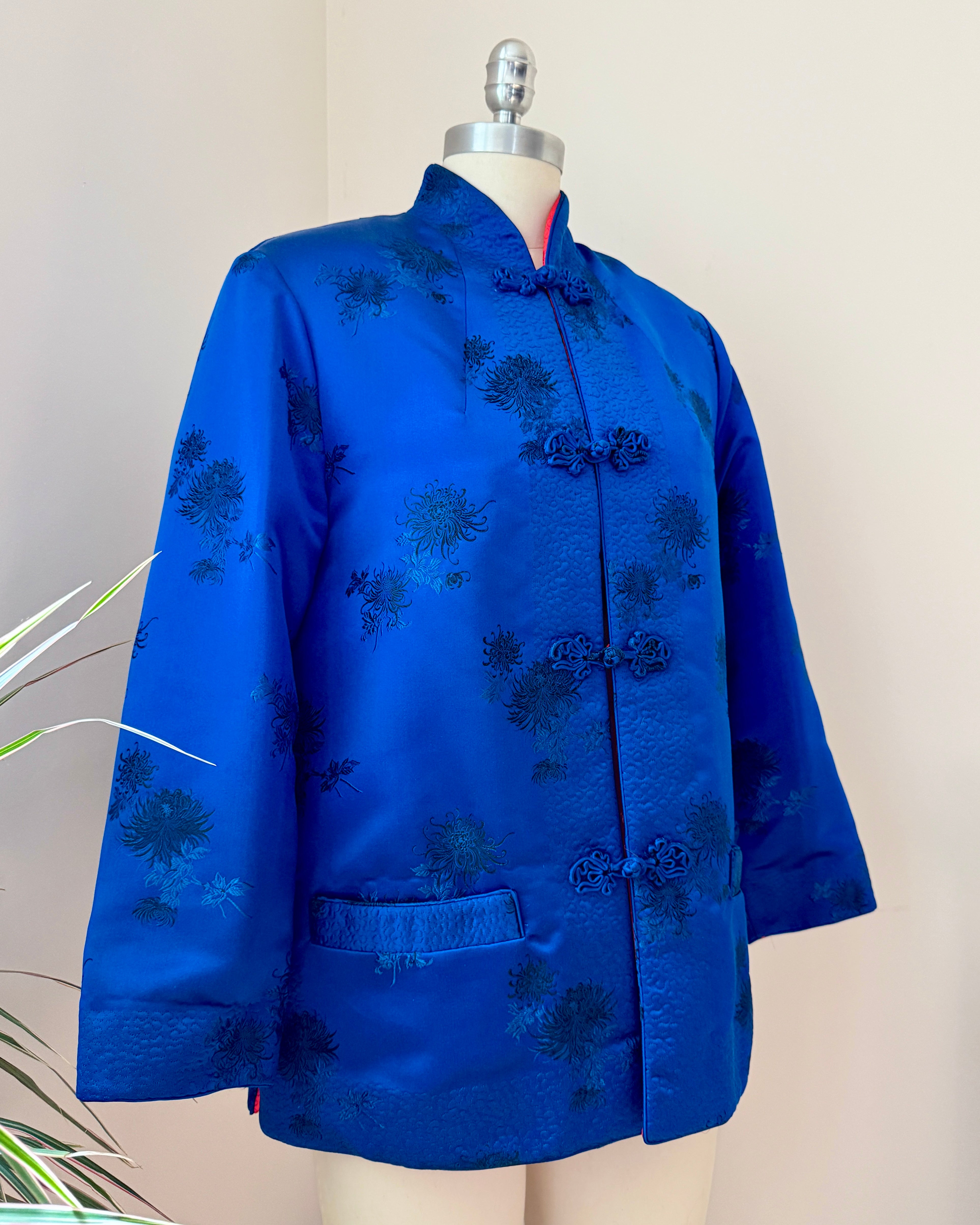 Vintage 1960s Satin Chinese Quilted Chrysanthemum Brocade Embroidered Reversible Blue and Red Jacket with Frog Buttons