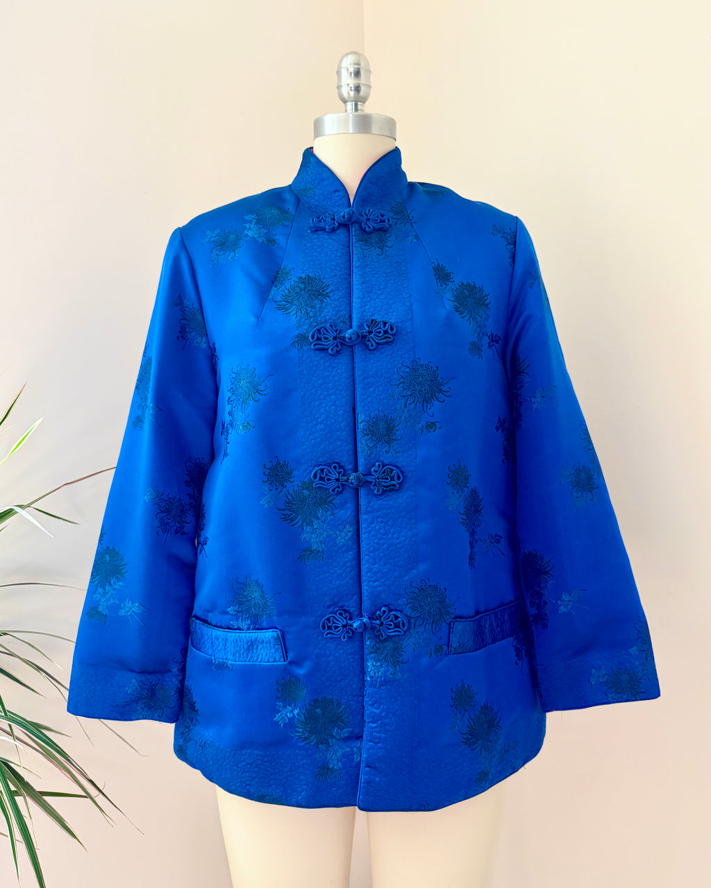Vintage 1960s Satin Chinese Quilted Chrysanthemum Brocade Embroidered Reversible Blue and Red Jacket with Frog Buttons