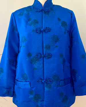 Vintage 1960s Satin Chinese Quilted Chrysanthemum Brocade Embroidered Reversible Blue and Red Jacket with Frog Buttons
