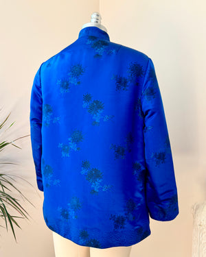 Vintage 1960s Satin Chinese Quilted Chrysanthemum Brocade Embroidered Reversible Blue and Red Jacket with Frog Buttons