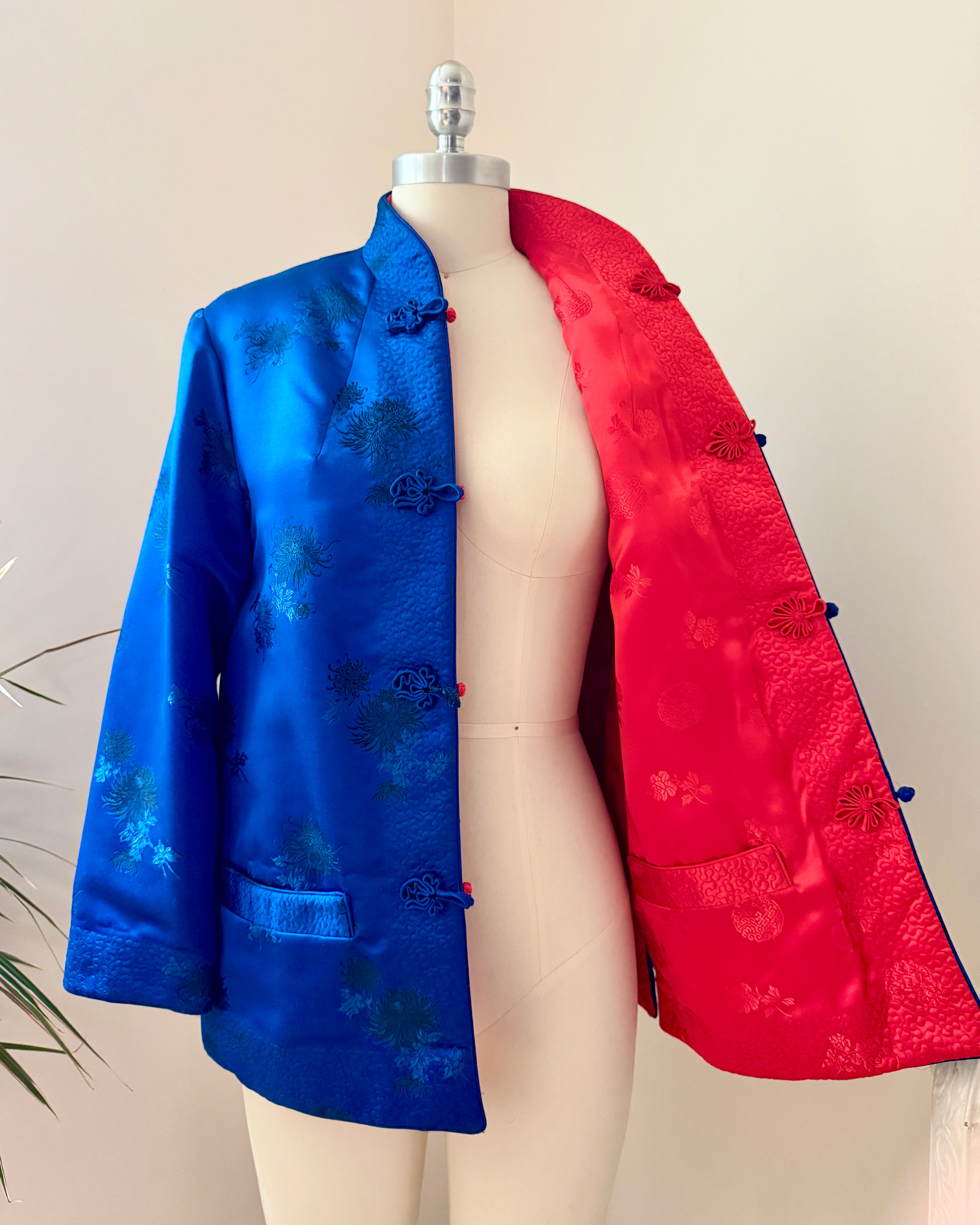 Vintage 1960s Satin Chinese Quilted Chrysanthemum Brocade Embroidered Reversible Blue and Red Jacket with Frog Buttons