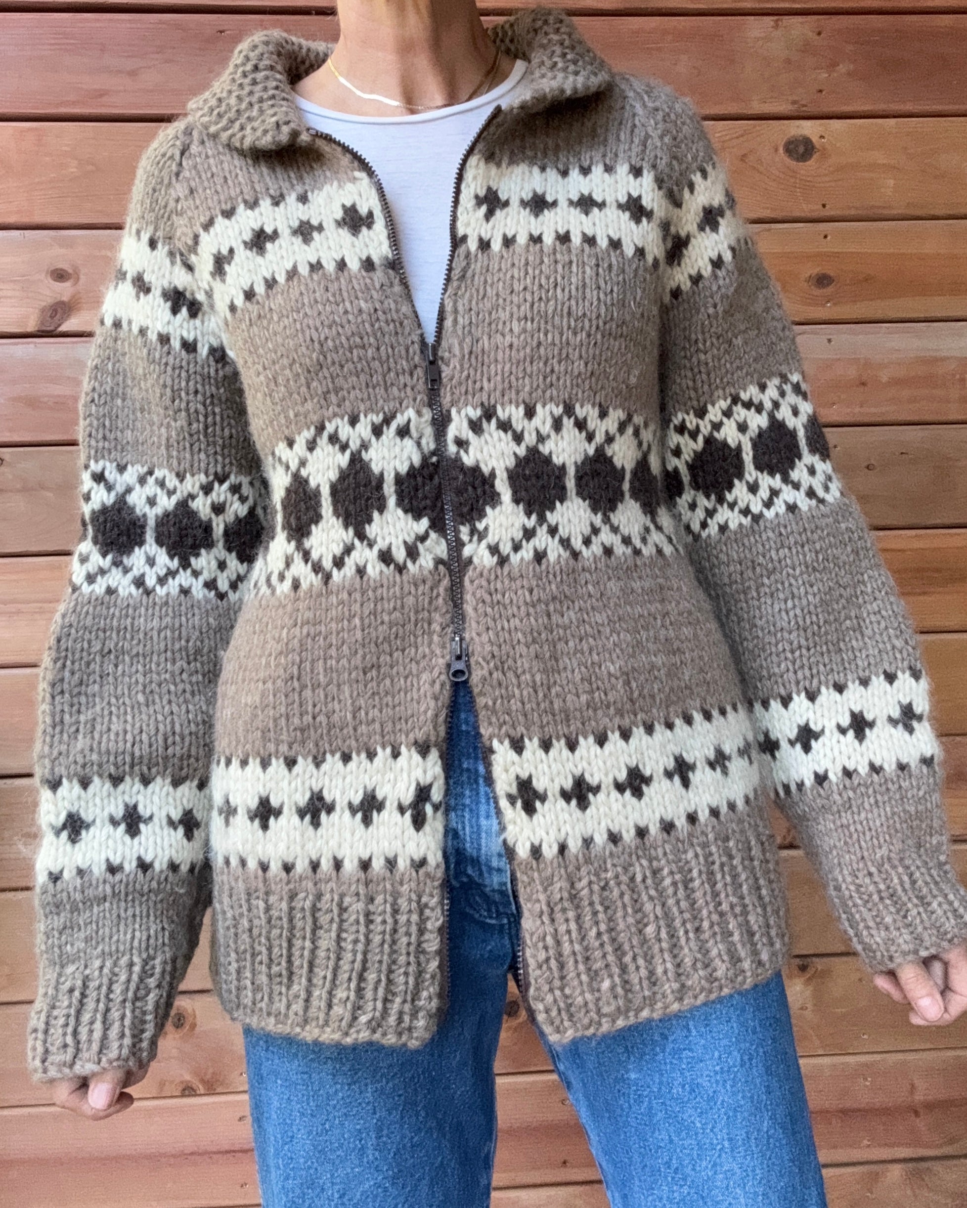 Vintage Hand Knit Cowichan Fair Isle Pattern in Oatmeal Brown and Cream Cardigan Jacket M L Made in Cowichan BC Canada