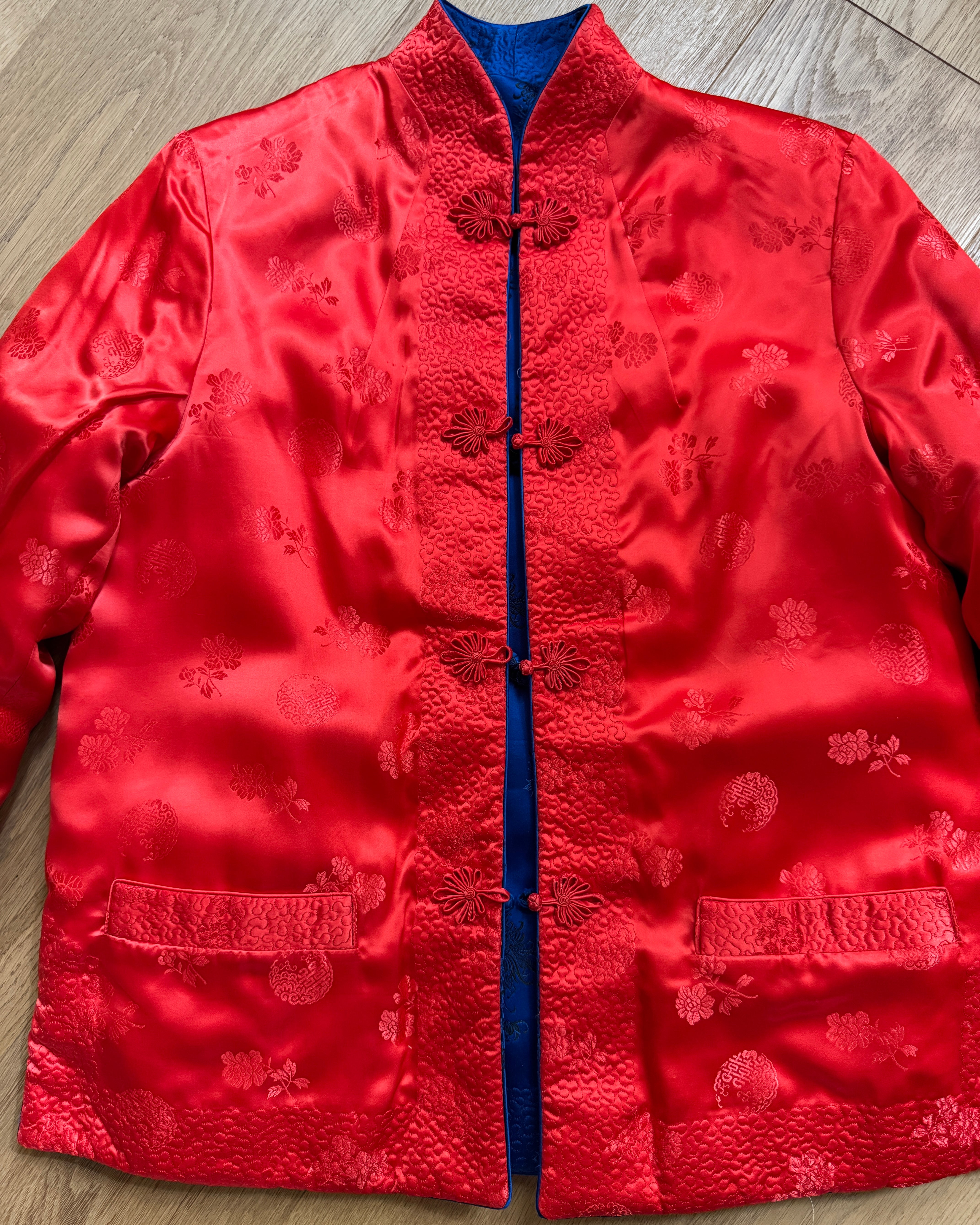 Vintage 1960s Satin Chinese Quilted Chrysanthemum Brocade Embroidered Reversible Blue and Red Jacket with Frog Buttons