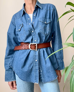 Vintage 1990s Wrangler Classic Pearl Snap Jean Shirt Jacket with X Long Tails Made in USA