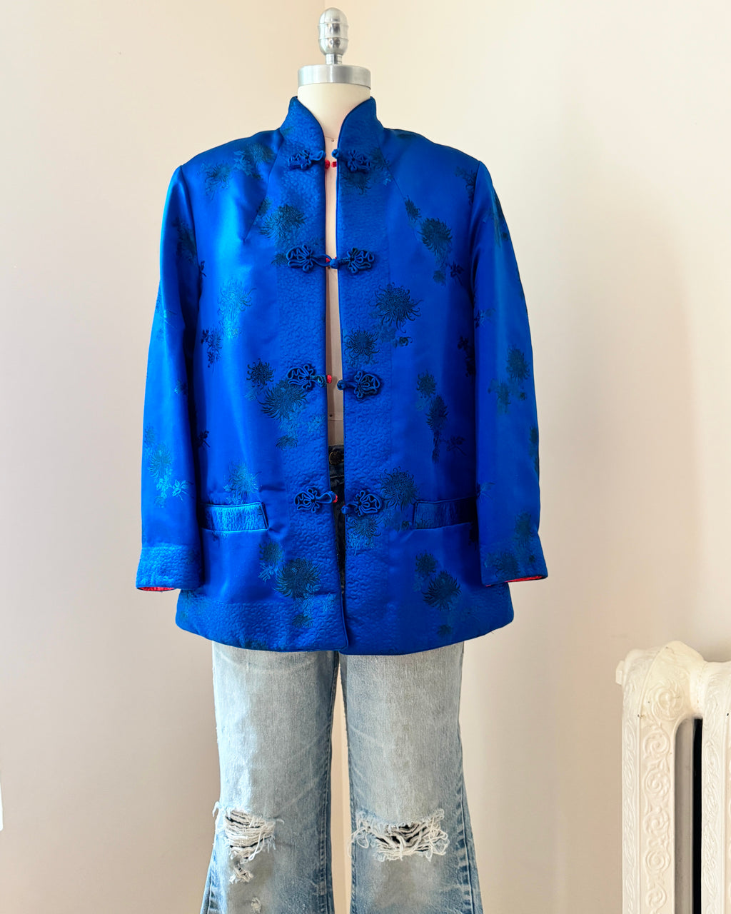 Vintage 1960s Satin Chinese Quilted Chrysanthemum Brocade Embroidered Reversible Blue and Red Jacket with Frog Buttons
