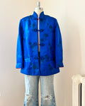 Vintage 1960s Satin Chinese Quilted Chrysanthemum Brocade Embroidered Reversible Blue and Red Jacket with Frog Buttons
