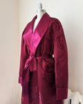 Vintage Smoking Dark Red Crimson Satin Chinese Mens Shawl Collar Robe with Brocade Print of Fortune Stamp and Flying Ladybugs and Tie Belt