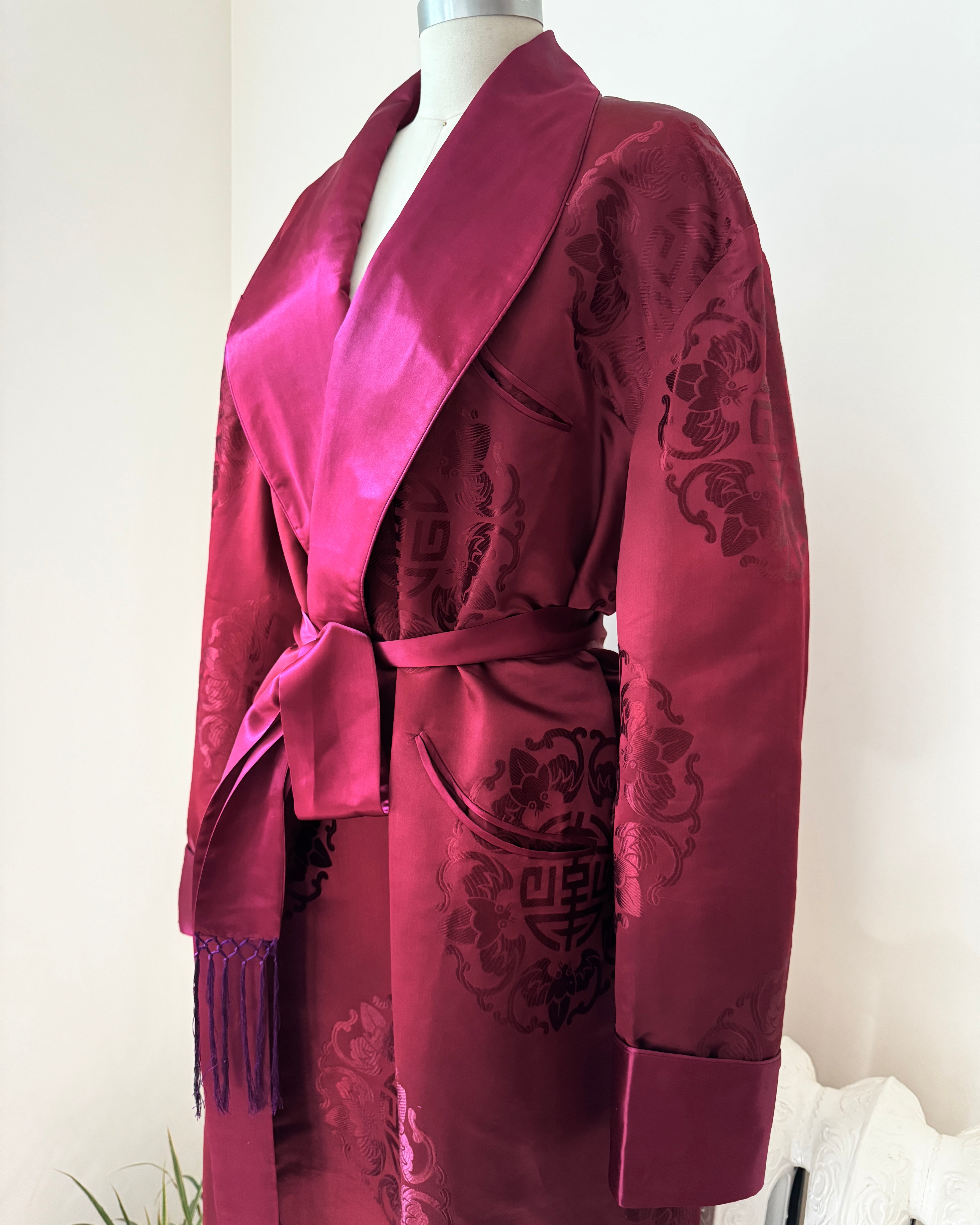Vintage Smoking Dark Red Crimson Satin Chinese Mens Shawl Collar Robe with Brocade Print of Fortune Stamp and Flying Ladybugs and Tie Belt