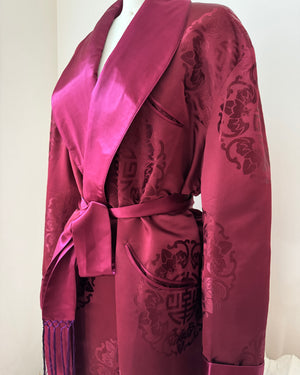 Vintage Smoking Dark Red Crimson Satin Chinese Mens Shawl Collar Robe with Brocade Print of Fortune Stamp and Flying Ladybugs and Tie Belt
