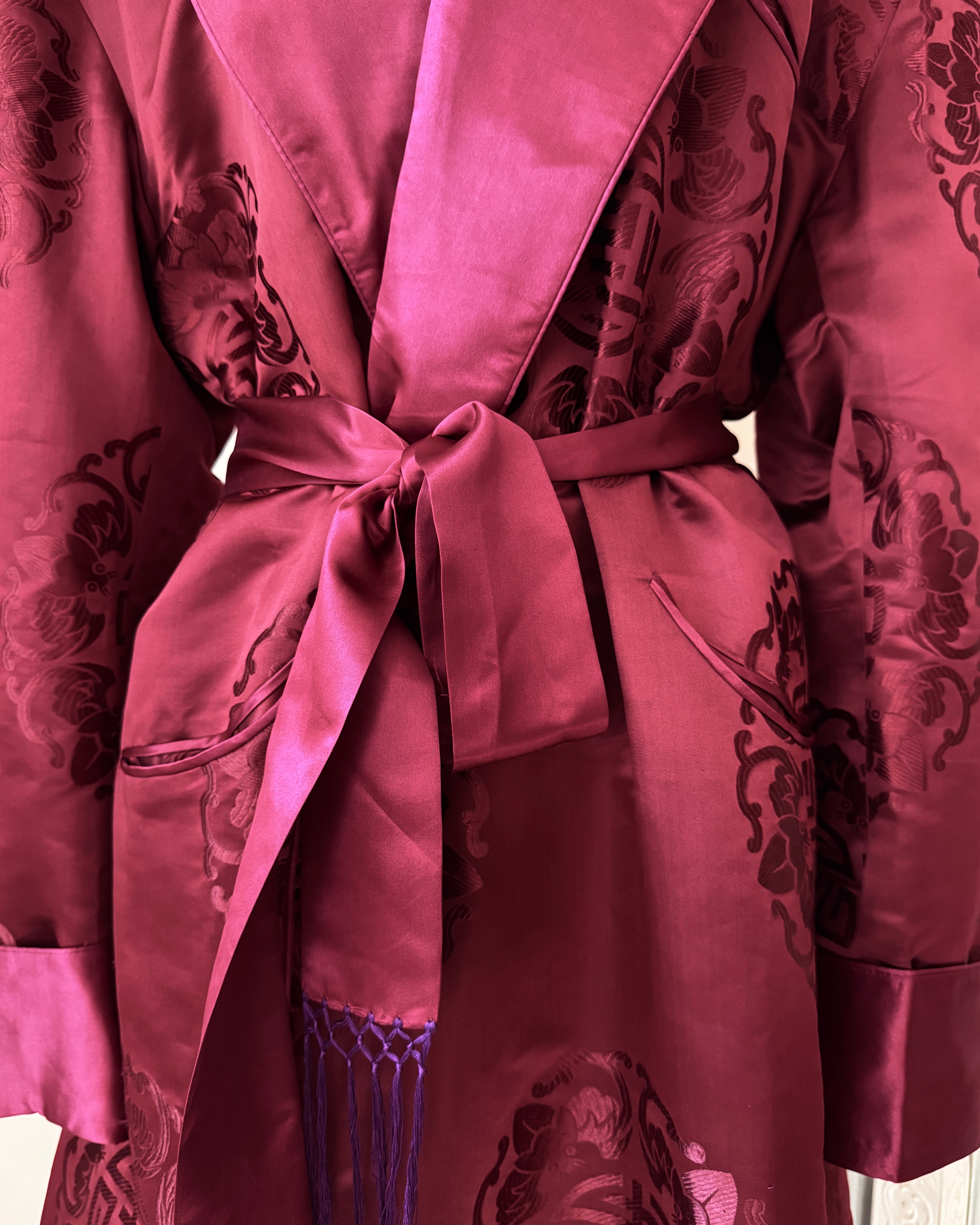 Vintage Smoking Dark Red Crimson Satin Chinese Mens Shawl Collar Robe with Brocade Print of Fortune Stamp and Flying Ladybugs and Tie Belt