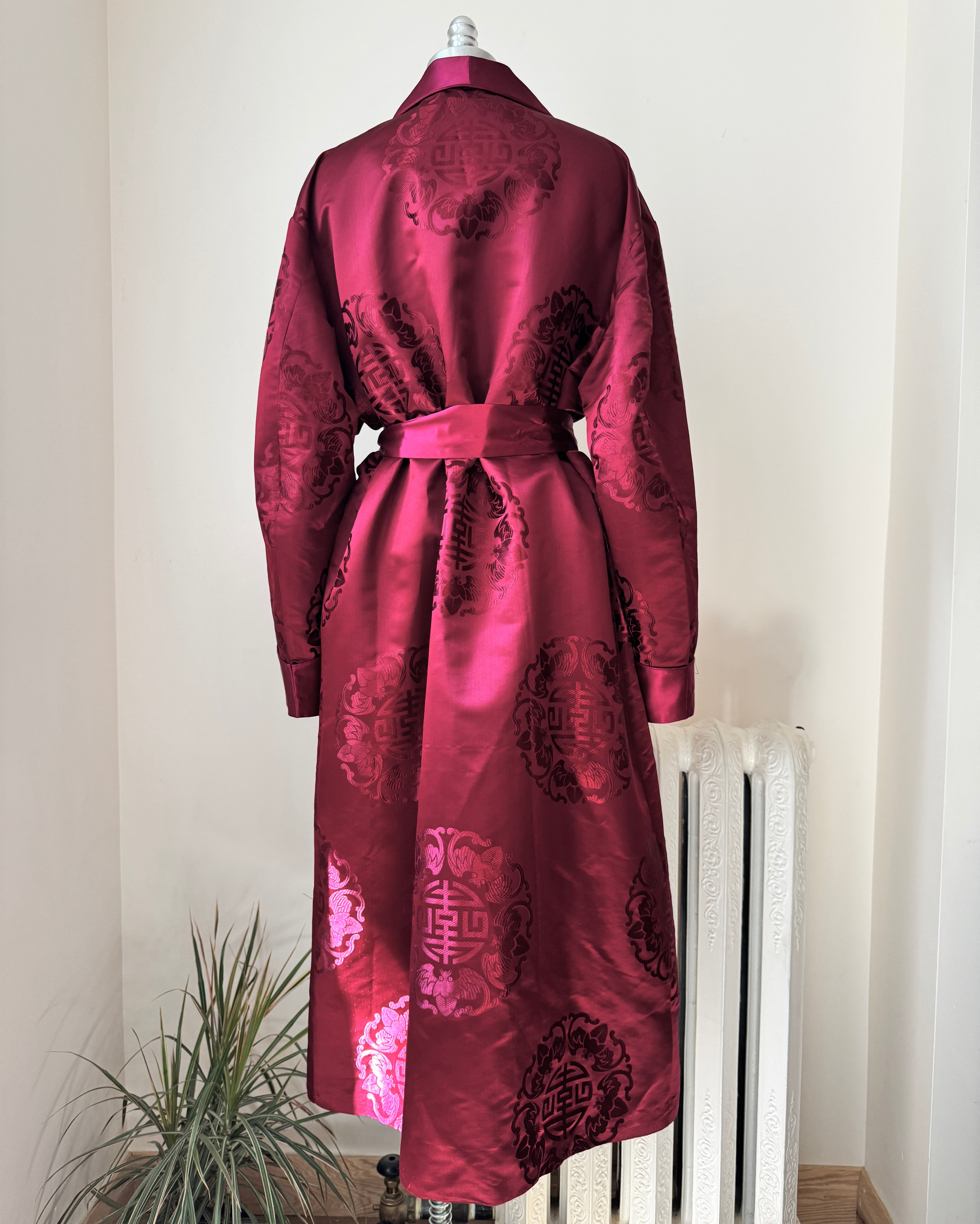 Vintage Smoking Dark Red Crimson Satin Chinese Mens Shawl Collar Robe with Brocade Print of Fortune Stamp and Flying Ladybugs and Tie Belt
