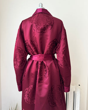 Vintage Smoking Dark Red Crimson Satin Chinese Mens Shawl Collar Robe with Brocade Print of Fortune Stamp and Flying Ladybugs and Tie Belt