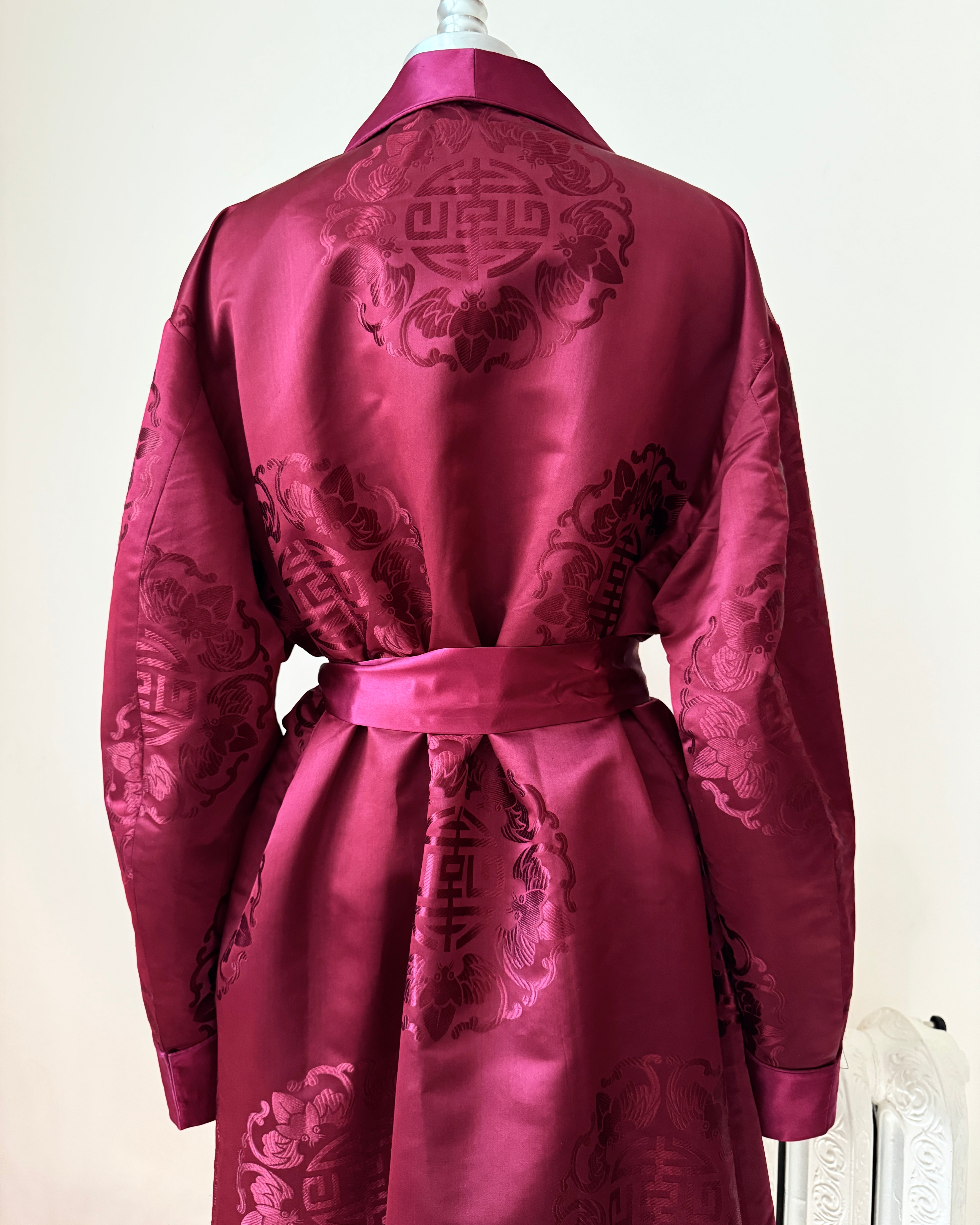 Vintage Smoking Dark Red Crimson Satin Chinese Mens Shawl Collar Robe with Brocade Print of Fortune Stamp and Flying Ladybugs and Tie Belt