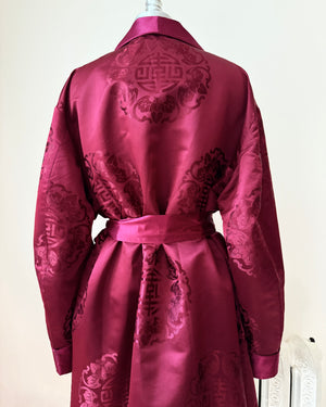 Vintage Smoking Dark Red Crimson Satin Chinese Mens Shawl Collar Robe with Brocade Print of Fortune Stamp and Flying Ladybugs and Tie Belt