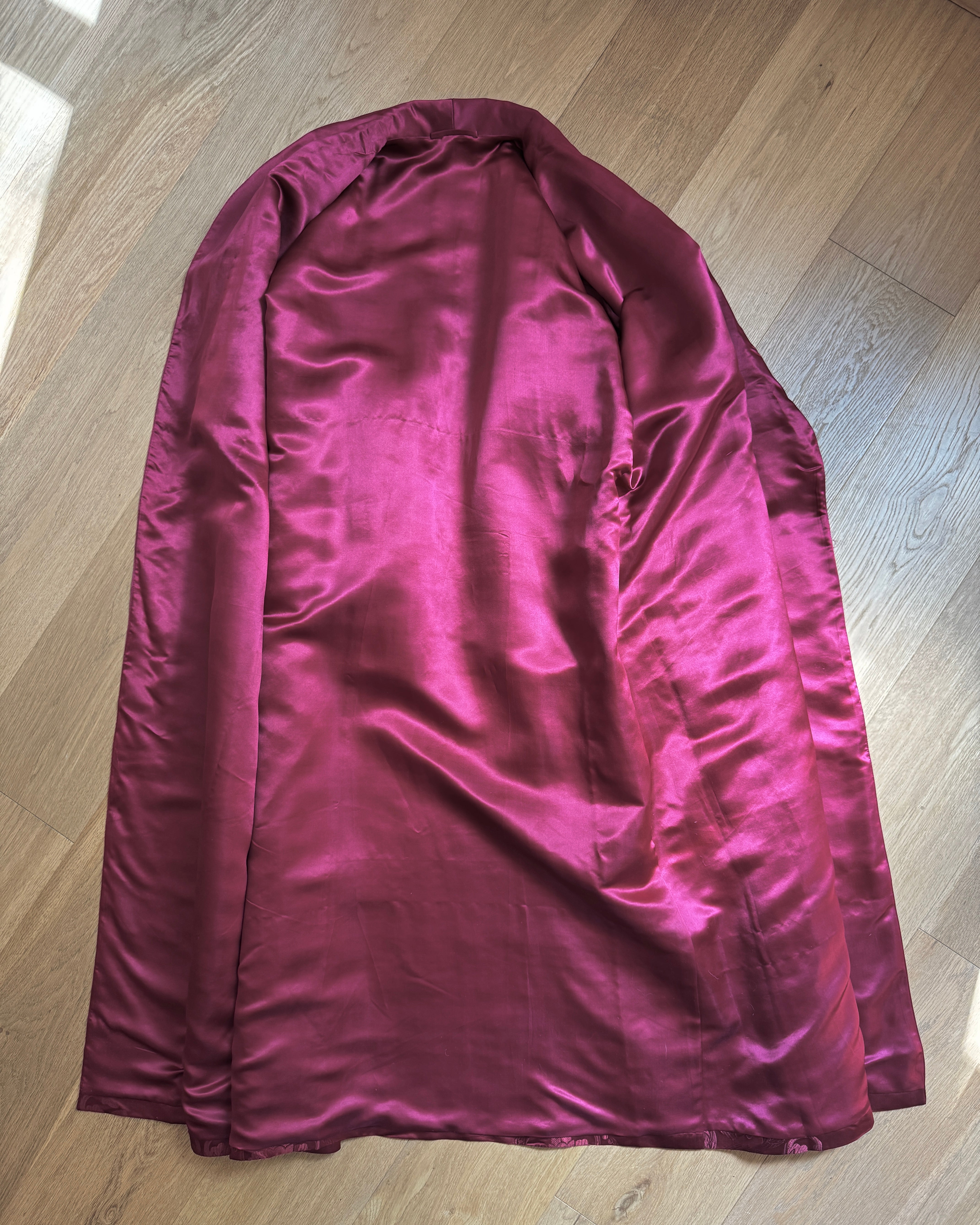 Vintage Smoking Dark Red Crimson Satin Chinese Mens Shawl Collar Robe with Brocade Print of Fortune Stamp and Flying Ladybugs and Tie Belt
