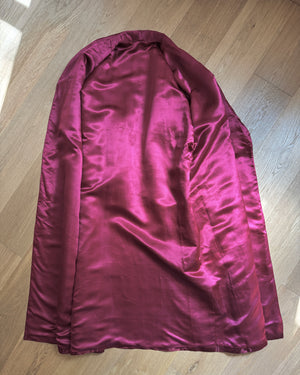 Vintage Smoking Dark Red Crimson Satin Chinese Mens Shawl Collar Robe with Brocade Print of Fortune Stamp and Flying Ladybugs and Tie Belt