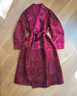 Vintage Smoking Dark Red Crimson Satin Chinese Mens Shawl Collar Robe with Brocade Print of Fortune Stamp and Flying Ladybugs and Tie Belt