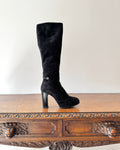 Vintage Palmroth Black Suede Zip Tall High Heel Platform Boots With Ankle Buckle Details Size 8 Finland