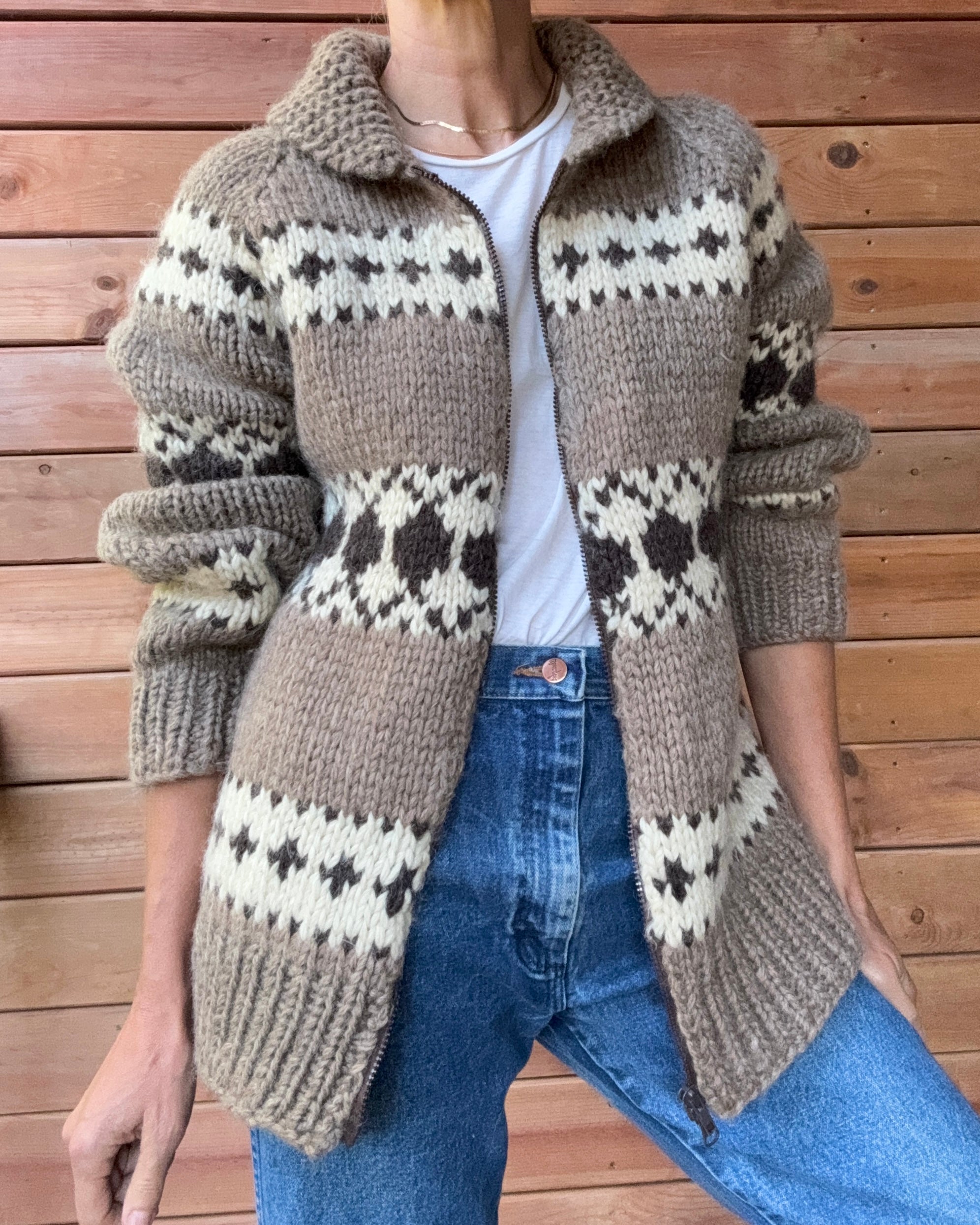 Vintage Hand Knit Cowichan Fair Isle Pattern in Oatmeal Brown and Cream Cardigan Jacket M L Made in Cowichan BC Canada
