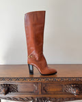 Vintage 1970s Pertti Palmroth Tan Leather Knee High Pull On Stacked High Heel Boots With Ankle Buckle Size 9 Made in Finland NWT