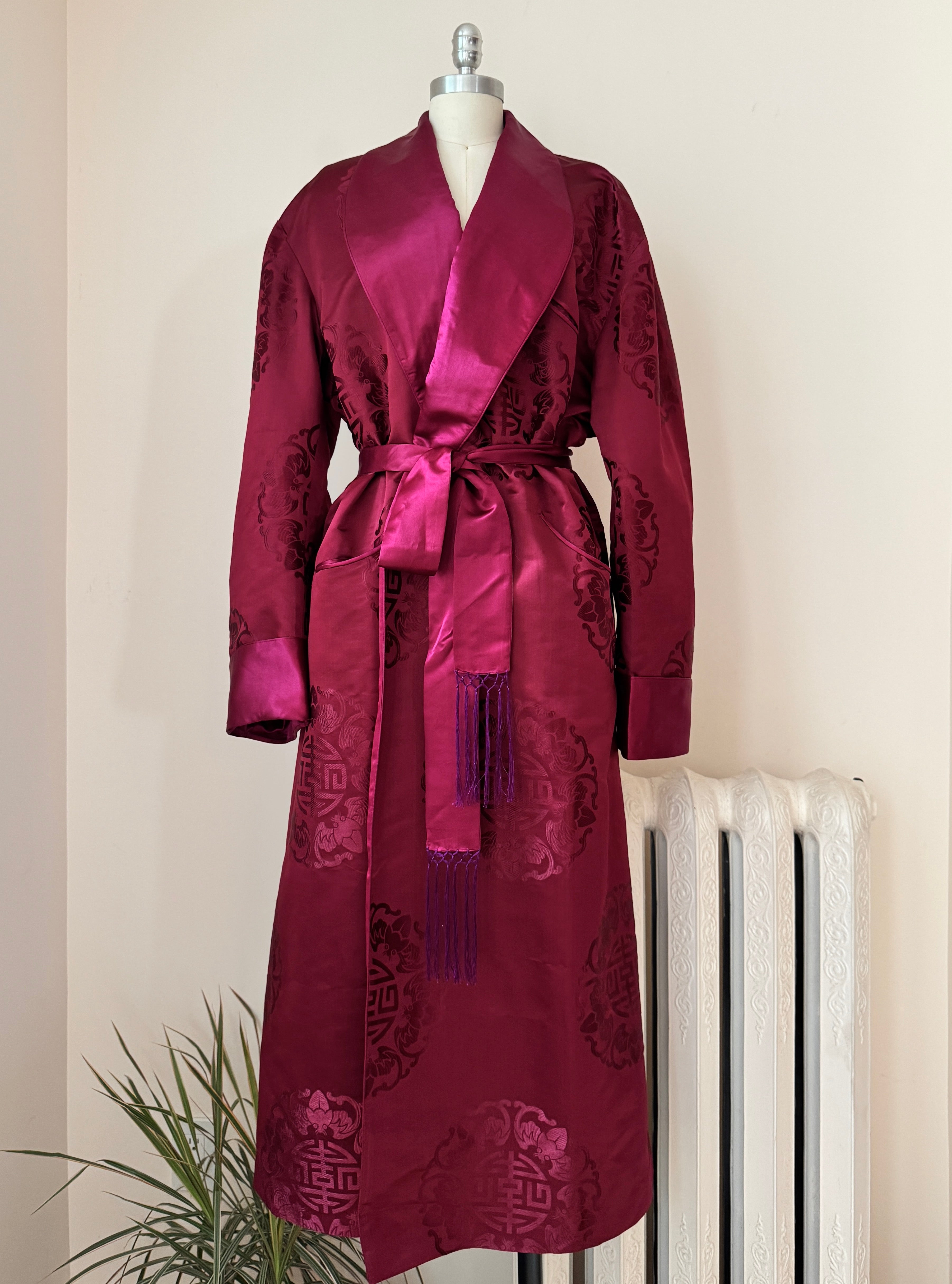 Vintage Smoking Dark Red Crimson Satin Chinese Mens Shawl Collar Robe with Brocade Print of Fortune Stamp and Flying Ladybugs and Tie Belt