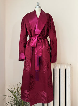 Vintage Smoking Dark Red Crimson Satin Chinese Mens Shawl Collar Robe with Brocade Print of Fortune Stamp and Flying Ladybugs and Tie Belt