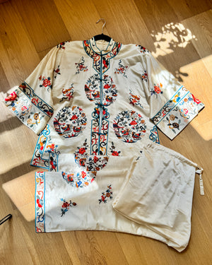 Vintage 1950s Deadstock Chinese Botanical Embroidered Ivory Silk Satin Pyjama Jacket and Pant Set S or M