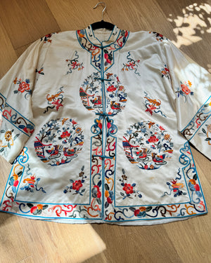 Vintage 1950s Deadstock Chinese Botanical Embroidered Ivory Silk Satin Pyjama Jacket and Pant Set S or M
