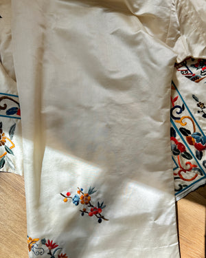 Vintage 1950s Deadstock Chinese Botanical Embroidered Ivory Silk Satin Pyjama Jacket and Pant Set S or M