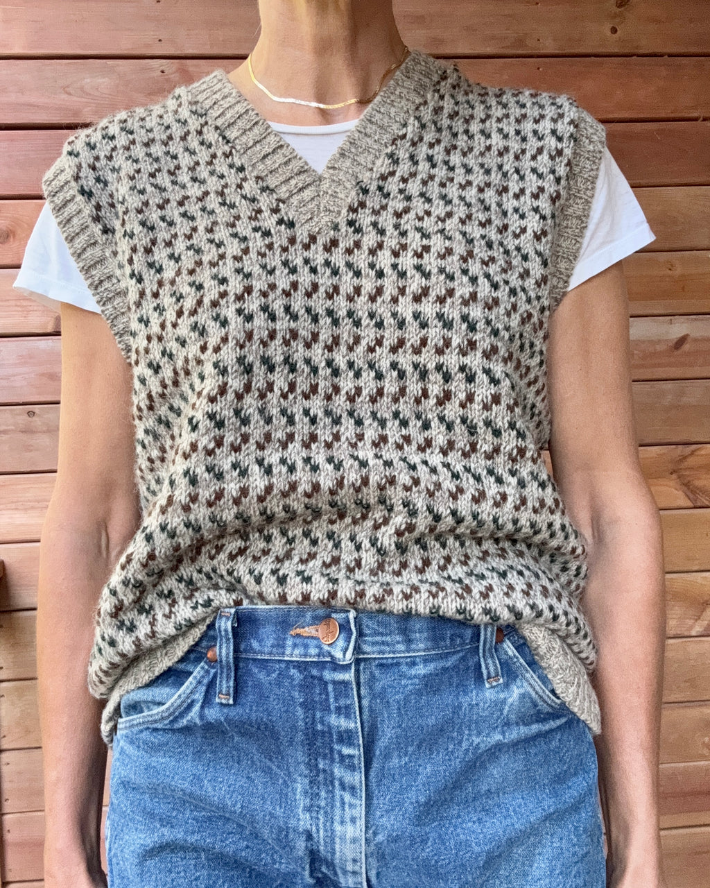 Vintage Environmental Clothing Oatmeal Grey Heathered Knit Birdseye V-neck Sweater Vest  M L Made in USA