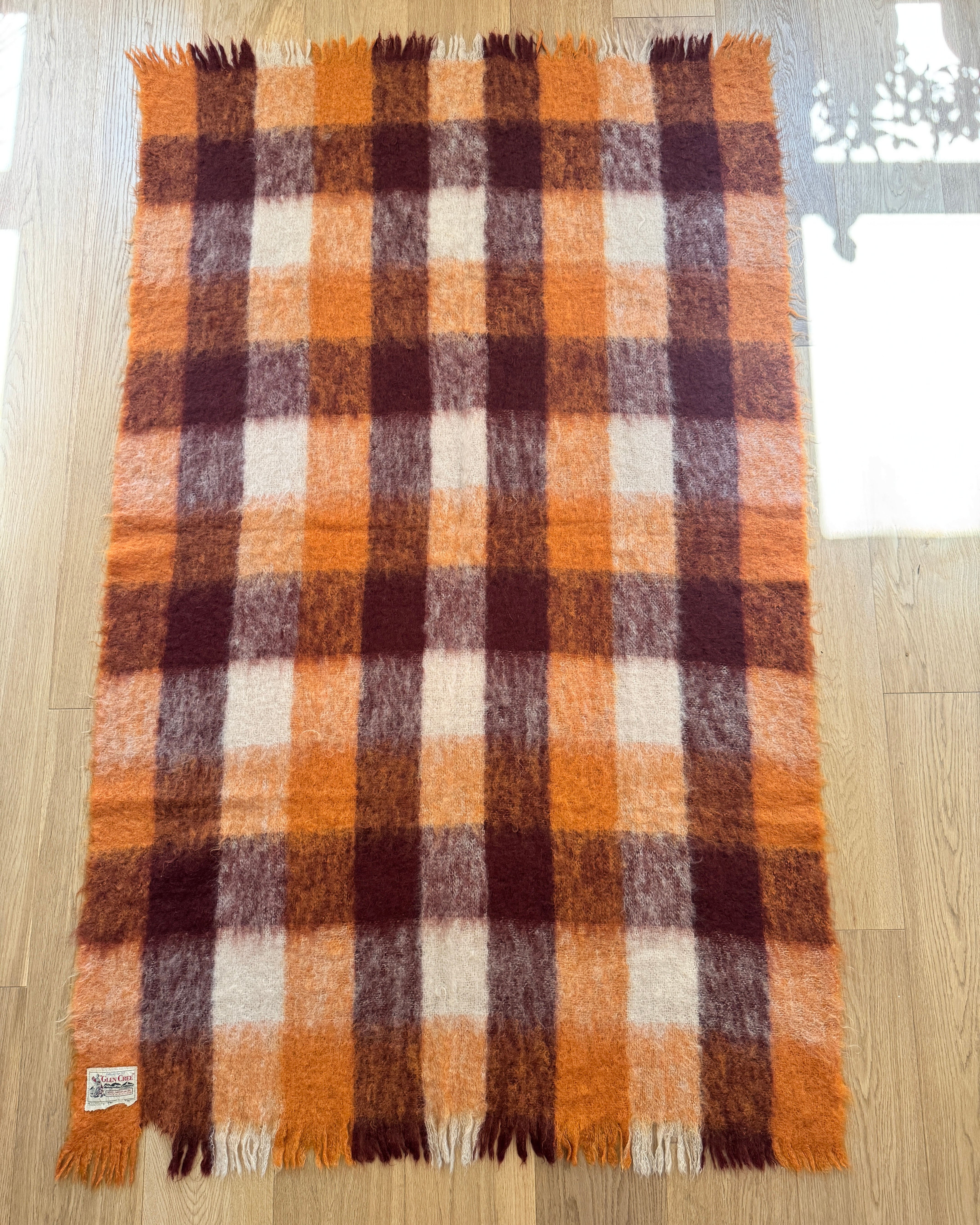 Vintage 1950s Glen Cree Mohair Throw Blanket: Orange Brown Check, Made in Scotland  45"X72"