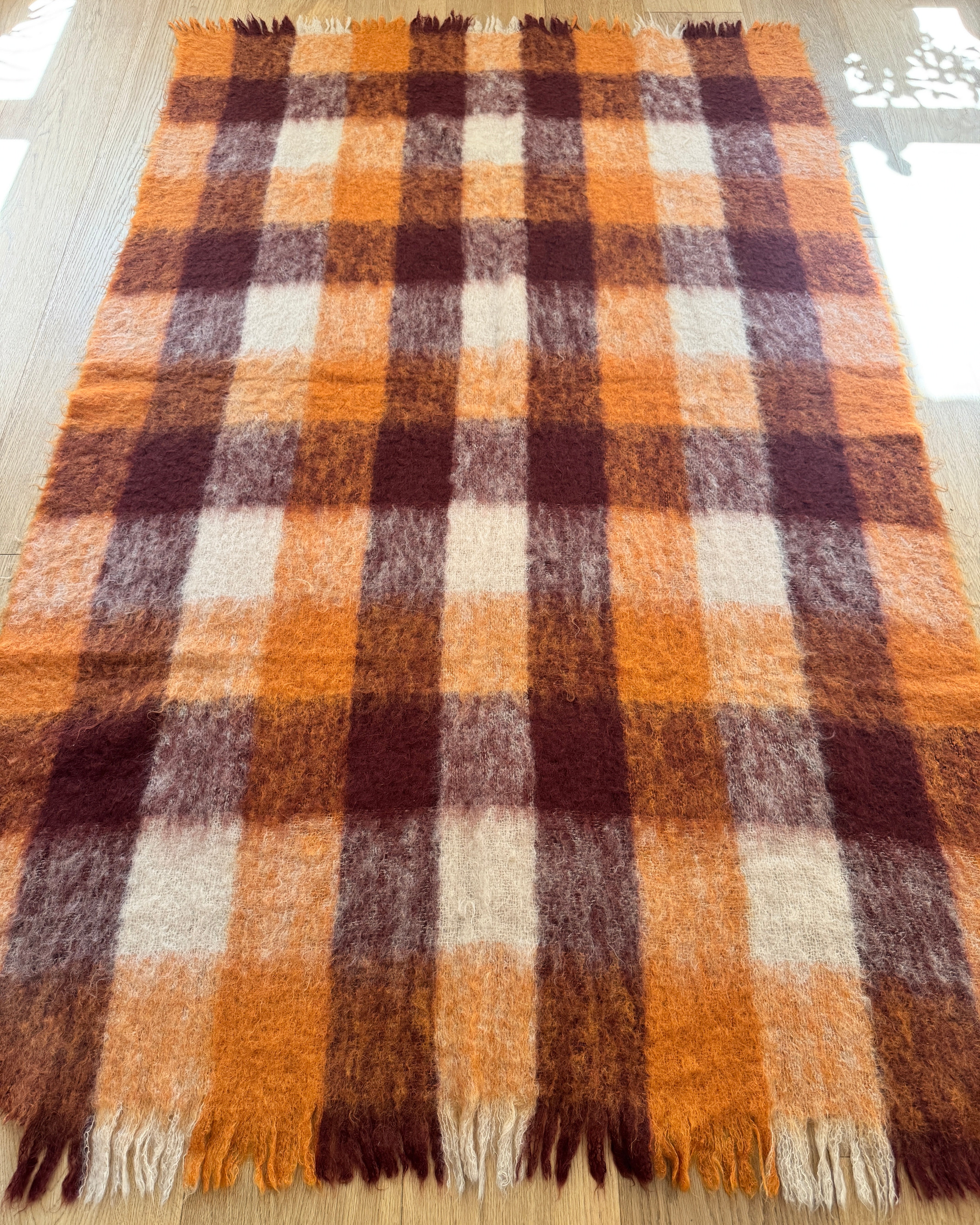 Vintage 1950s Glen Cree Mohair Throw Blanket: Orange Brown Check, Made in Scotland  45"X72"